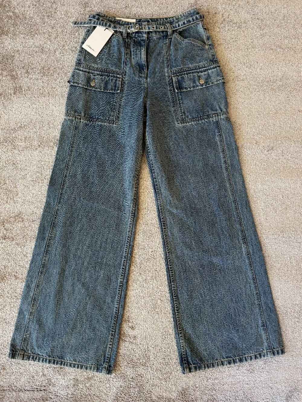 MSRP $550 - Women's 8 - Phillip Lim Blue Belted Wide-Leg Jeans - 100% Cotton